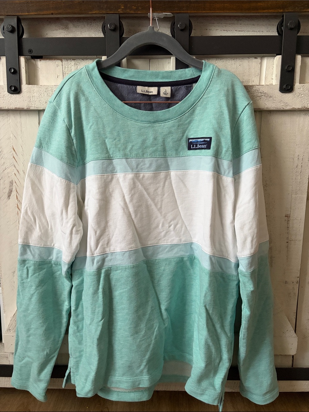 L.L. Bean Mint Green & White Striped Crew Pullover